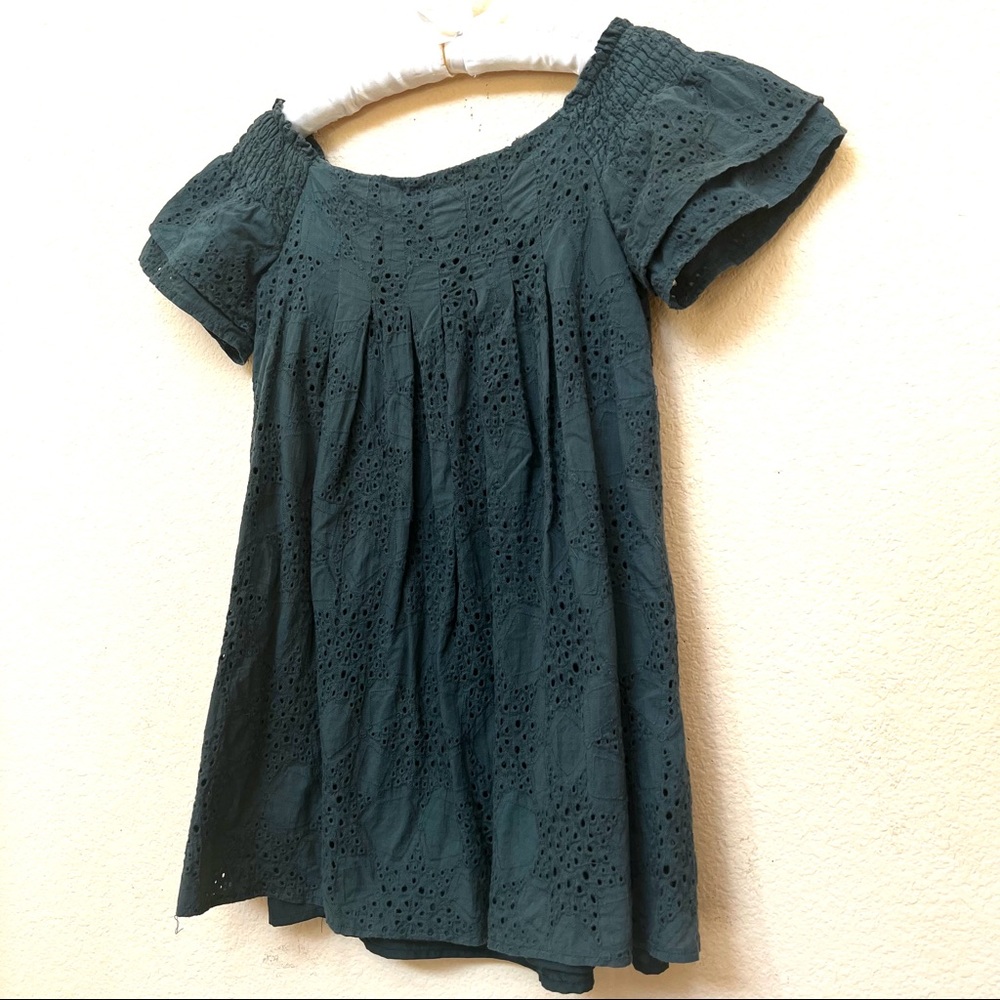 J.O.A. Green Teal Eyelet Off The Shoulder Mini Dress G-20 - Picture 5 of 12